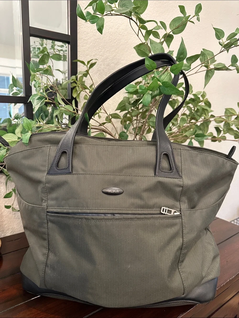Tumi Olive Green Nylon Tote with Black Leather